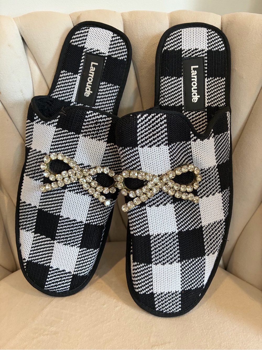 Larroude Black & White Check Jewel Bow Slip-On Flats